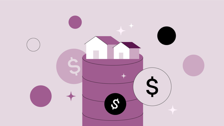 Illustration of two small white houses atop a cylinder, symbolizing physician real estate investing, with dollar signs and abstract circles in shades of purple and black against a light purple backdrop.