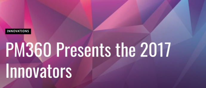 Geometric background with the text "PM360 Presents the 2017 Innovators," highlighting the prestigious Innovator Award.