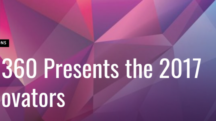 Geometric background with the text "PM360 Presents the 2017 Innovators," highlighting the prestigious Innovator Award.