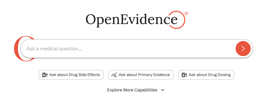 Screenshot of the OpenEvidence website homepage, a top choice among websites for doctors, featuring a search bar and options to ask about drug side effects, primary evidence, or drug dosing.