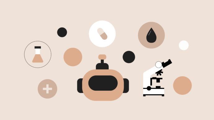 Abstract illustration featuring a robot, microscope, flask, pill, and droplet icons in beige, black, and white colors, symbolizing science and technology themes.