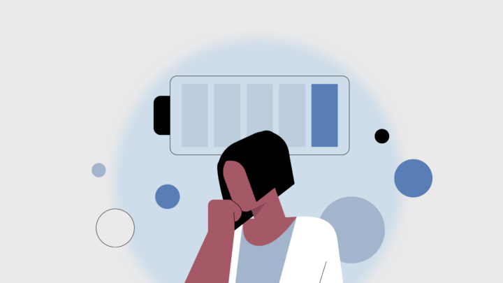 Illustration of a person with their head on a hand, looking tired. A nearly empty battery icon hovers above, surrounded by blue and black circles—mirroring the challenges of doctor burnout in an AI-driven world.