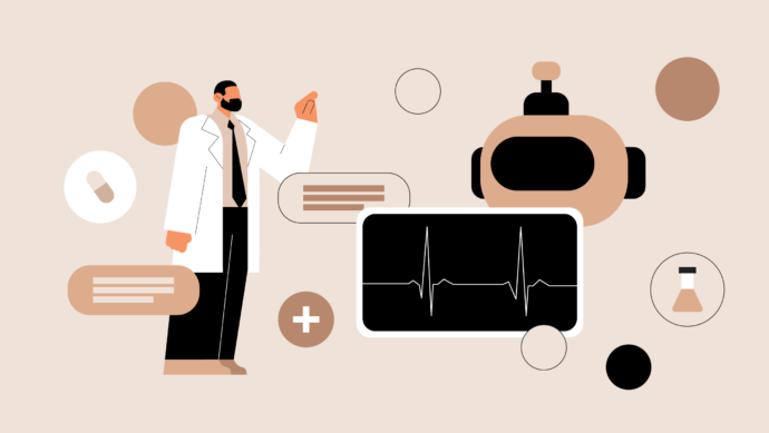 Illustration of a doctor with medical symbols: a pill, EKG monitor, robot for AI in medical diagnosis, test tube, and speech bubbles predicting patient outcomes, all set on a beige background.