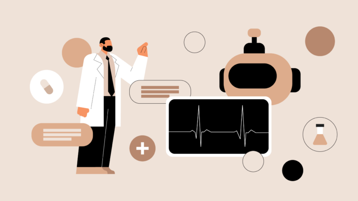 Illustration of a doctor with medical symbols: a pill, EKG monitor, robot for AI in medical diagnosis, test tube, and speech bubbles predicting patient outcomes, all set on a beige background.