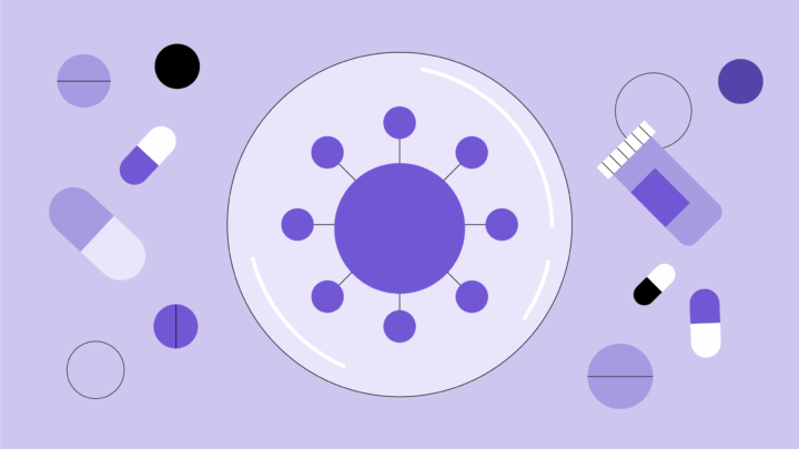 Stylized illustration of a virus in a petri dish surrounded by pills, capsules, and a prescription bottle highlights antibiotic resistance on a purple background.