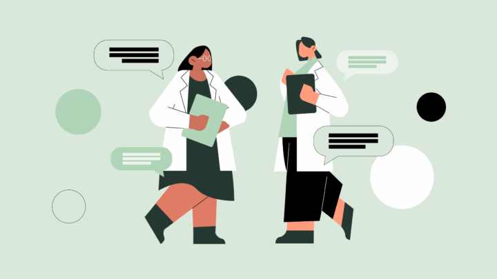 Illustration of two physicians in lab coats holding clipboards and conversing, with speech bubbles and abstract circles in the background—highlighting collaborative care models.