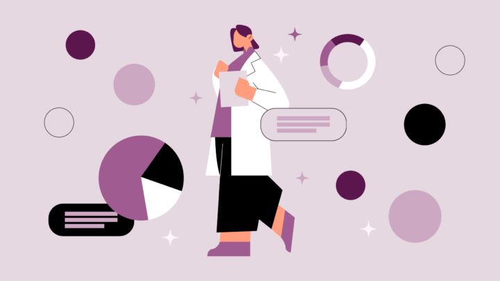 Illustration of a person in a lab coat holding a clipboard, surrounded by pie charts and speech bubbles on a light purple background, symbolizing leadership in healthcare and innovative physician strategies.