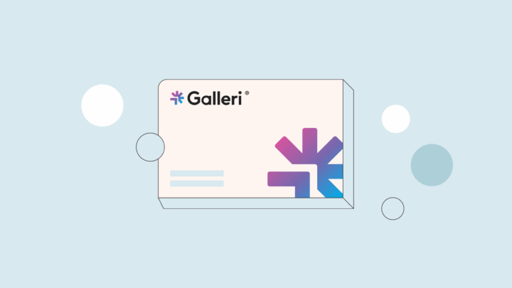 Rectangular box with the Galleri logo and abstract geometric design on a light blue background with floating circles, representing the Galleri cancer blood test for advanced cancer screening.