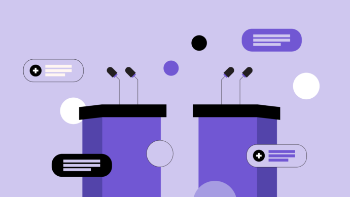 Illustration of two podiums with microphones, surrounded by speech bubbles on a purple and white background, reflecting the dynamic discourse in politics and healthcare.