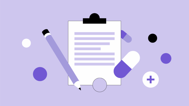 Illustration of a clipboard with a document, pencil, pills, and various circles in purple, white, and black on a light purple background—perfect for topics on healthcare policy or doctors in 2025.