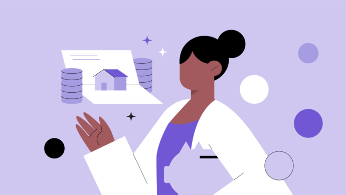 Illustration of a woman in a white coat holding documents with a house icon and coin stacks, symbolizing real estate or investing for physicians. The background features abstract circles and stars on a light purple base, adding a dynamic touch to the theme.