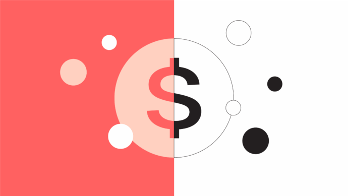 A large dollar sign centered on a split red and white background, with various sized circles in matching red and black tones scattered around.