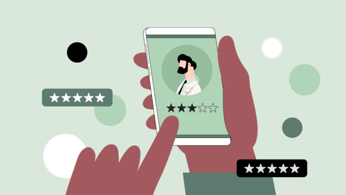 Illustration of a person holding a smartphone, rating a profile picture with three out of five stars. Various star graphics are scattered around, symbolizing efforts to improve patient satisfaction.