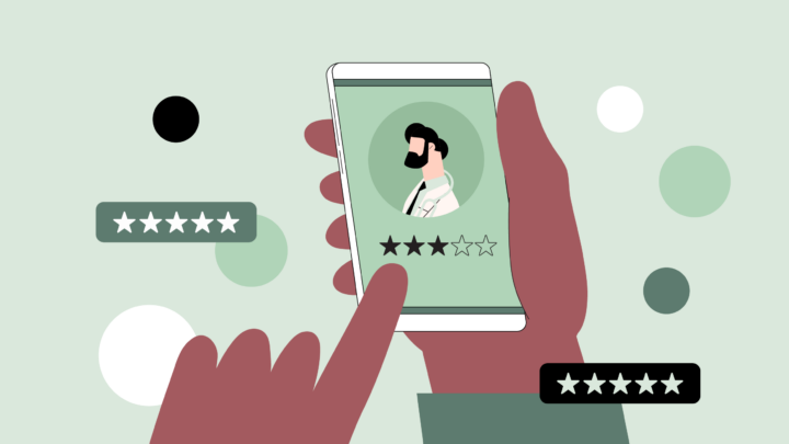 Illustration of a person holding a smartphone, rating a profile picture with three out of five stars. Various star graphics are scattered around, symbolizing efforts to improve patient satisfaction.
