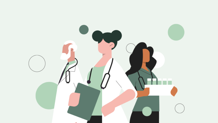 Illustration of three healthcare professionals: two in white coats with stethoscopes, symbolizing physician unionization, and one holding a tray with test tubes, set against a geometric background.