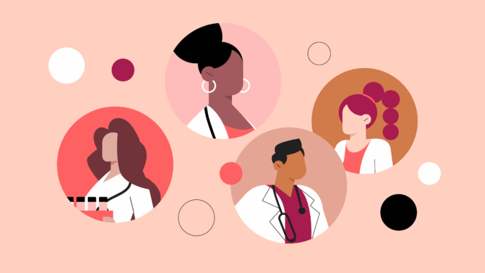 Illustration of four diverse medical professionals in lab coats, representing some of the best medical specialties, depicted in circular frames against a peach background with abstract shapes.