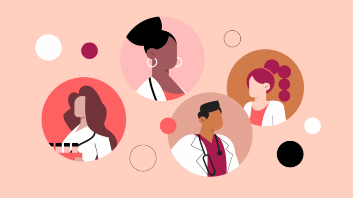 Illustration of four diverse medical professionals in lab coats, representing some of the best medical specialties, depicted in circular frames against a peach background with abstract shapes.