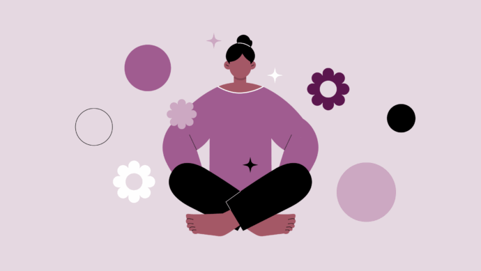 Illustration of a person sitting cross-legged with eyes closed, surrounded by circles and flower shapes on a light purple background, capturing the calm at the heart of the wellness revolution.