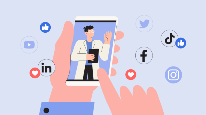 A person holds a smartphone displaying a figure in a lab coat waving, symbolizing the fusion of healthcare and social media. Icons for TikTok, Twitter, Facebook, and Instagram encircle the screen, bridging modern communication with medical expertise.