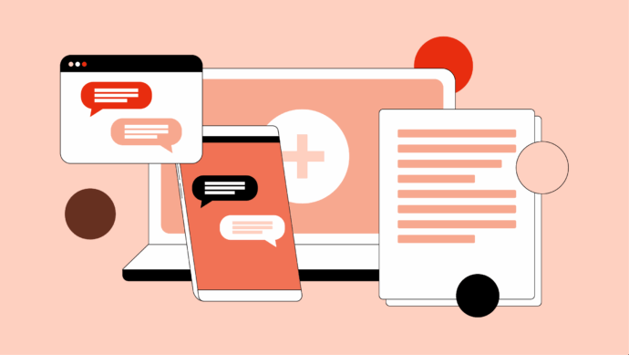 Illustration of a laptop, smartphone, chat bubbles, and a document, representing telehealth for physicians and digital communication on a peach background with geometric accents.