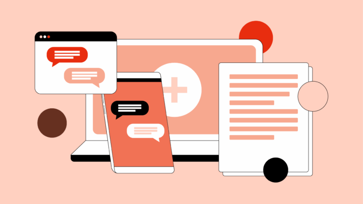 Illustration of a laptop, smartphone, chat bubbles, and a document, representing telehealth for physicians and digital communication on a peach background with geometric accents.