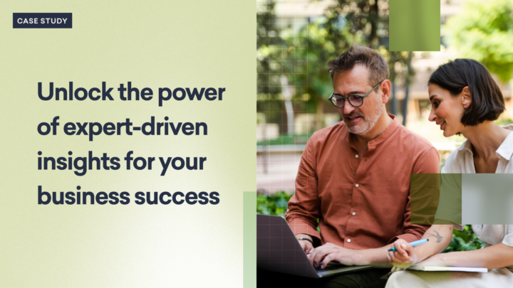 Two people sitting outside while looking at a laptop. Text on the left reads: "Unlock the power of expert-driven insights from an expert panel for your business success.