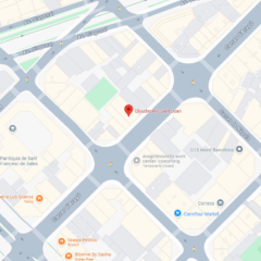 Kartenansicht mit dem Standort von Cloudworks Sant Joan an der Kreuzung der Straßen Aragó und Muntaner in Barcelona. In der Nähe befinden sich ein Co-Working-Space, ein Markt und ein Brunch-Café.
