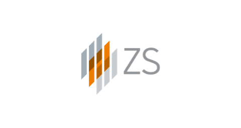 Logo of ZS featuring stylized vertical bars in gray and orange, followed by the letters "ZS" in gray.