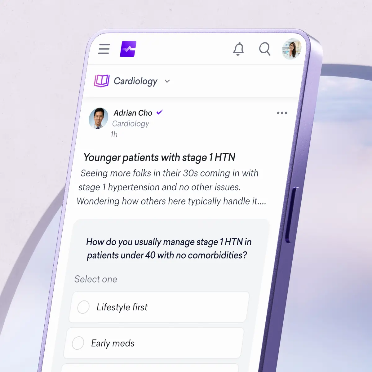 A smartphone displays a medical app screen featuring a cardiology discussion, highlighting how different medical specialities approach managing younger patients with stage 1 hypertension, complete with poll options for treatment strategies.