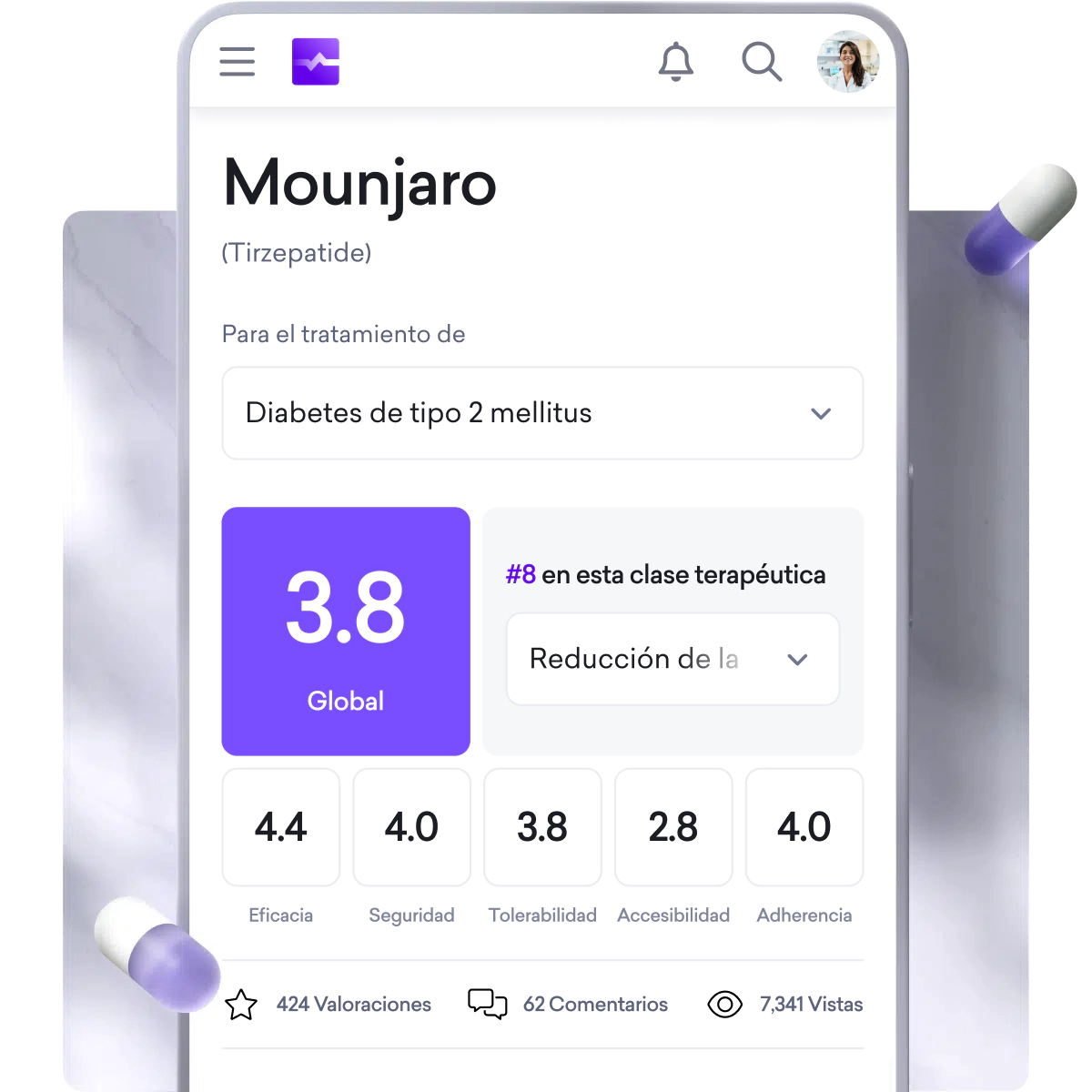 Pantalla de móvil que muestra información sobre Mounjaro (Tirzepatide) para la diabetes tipo 2, con una valoración global de 3,8 y puntuaciones detalladas de eficacia, seguridad, tolerabilidad y otras especialidades médicas.