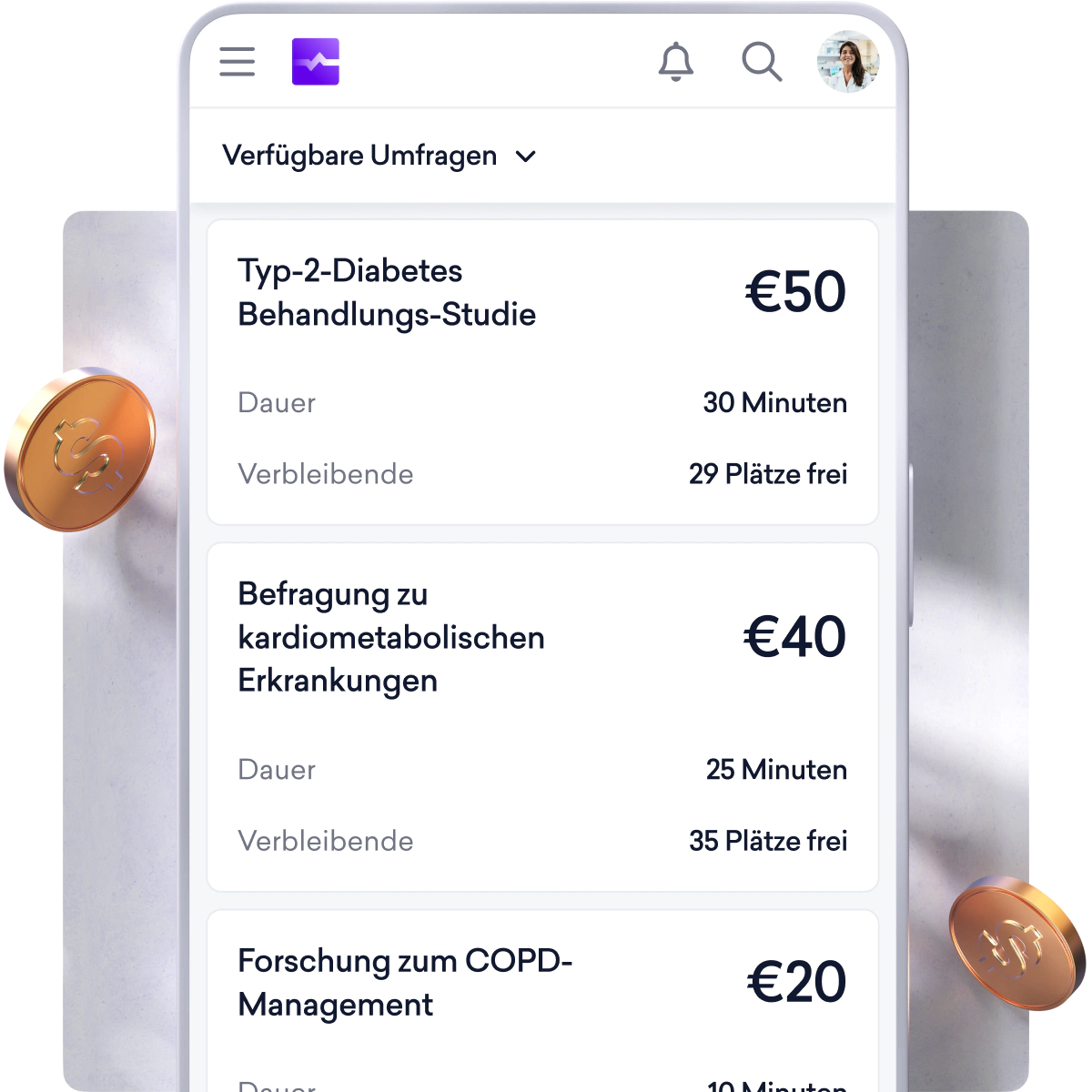 Smartphone-Bildschirm mit einer Liste bezahlter medizinischer Umfragen in deutscher Sprache, die Studienthemen für verschiedene medizinische Spezialitäten, Zahlungsbeträge, Laufzeiten und die Anzahl der verbleibenden Plätze enthält.