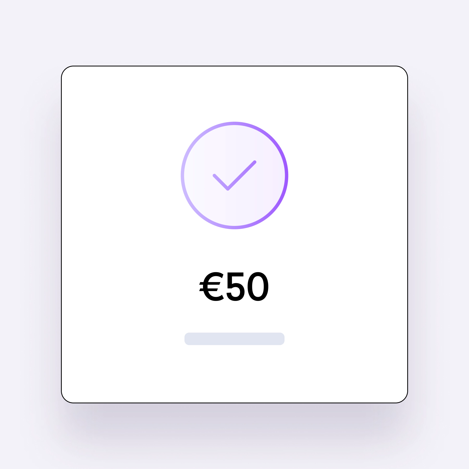 Eine weiße, quadratische Karte zeigt ein lila Häkchen über dem Text "50 €", das Online-Einkommen symbolisiert, mit einer grauen horizontalen Linie darunter.
