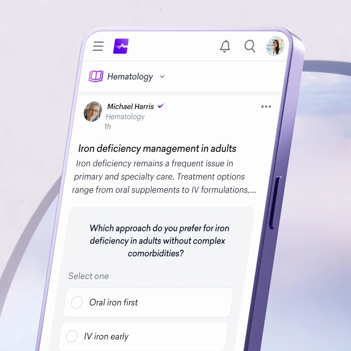 A smartphone screen displays a hematology forum post about iron deficiency management in adults, with a poll asking medical specialties for their preferred treatment approaches.