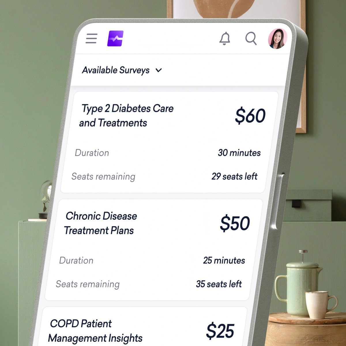 A smartphone screen displays a survey app with available surveys, their topics, payment amounts, durations, and remaining seats.
