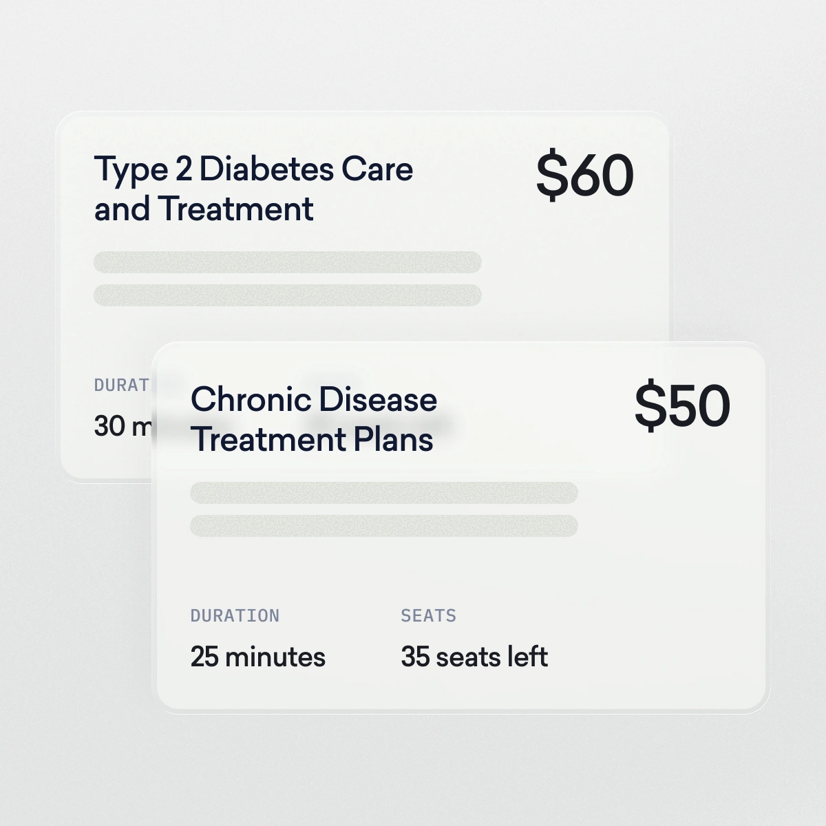 Two informational cards showing prices and details: Type 2 Diabetes Care and Treatment for $60, and Chronic Disease Treatment Plans for $50, with session durations and available seats.