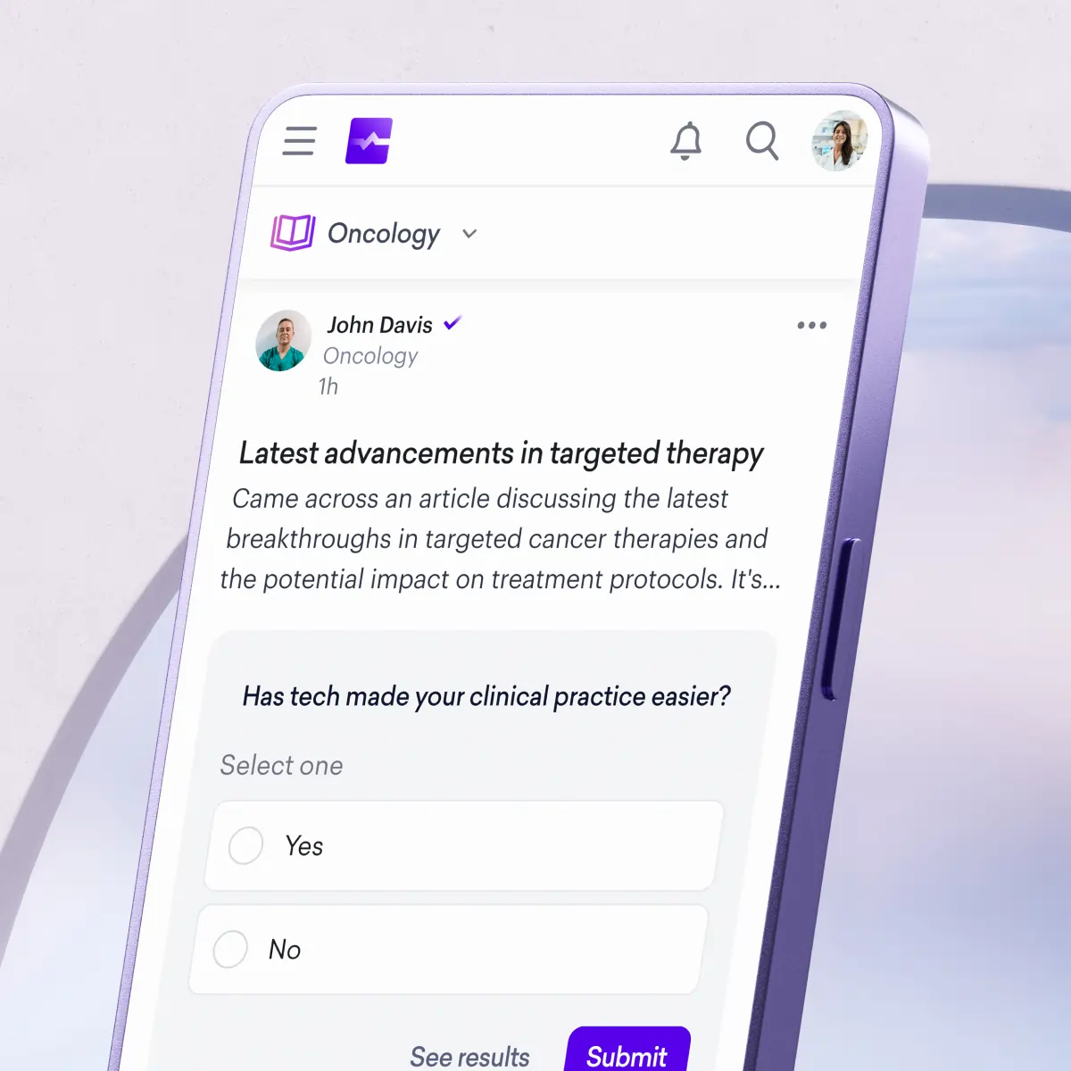 A smartphone screen displays a medical app showing a post about targeted cancer therapy advancements in various medical specialities, with a poll asking if tech has made clinical practice easier and options to select yes or no.