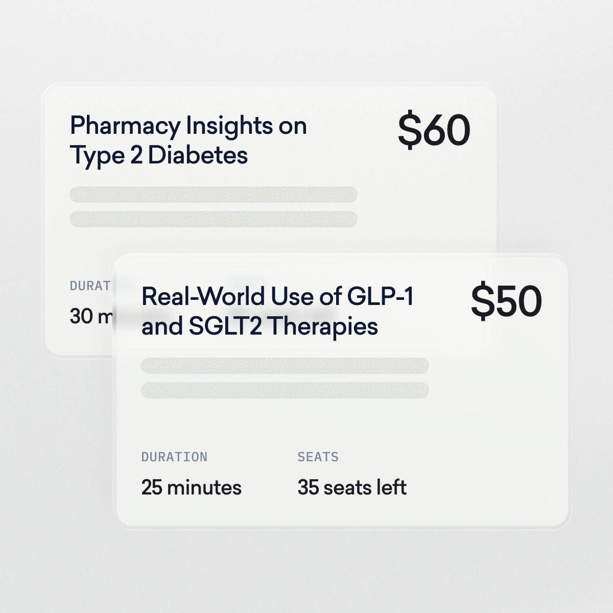 Two informational cards showing pharmacy webinars: one on Type 2 Diabetes for $60, 30 minutes; another on GLP-1 and SGLT2 therapies for $50, 25 minutes, 35 seats left.