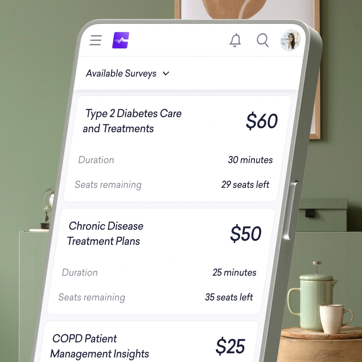 A tablet screen displays paid survey opportunities related to healthcare topics, listing survey titles, payment amounts, estimated durations, and seats remaining.