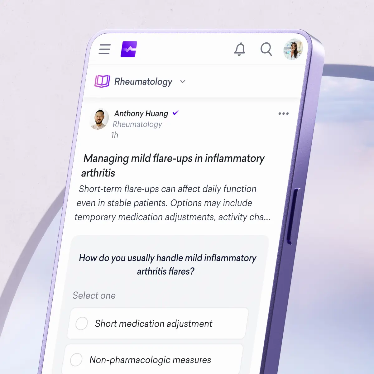 A smartphone displays a medical app with insights from various medical specialities on managing mild flare-ups in inflammatory arthritis, featuring a poll on how to handle arthritis flares.
