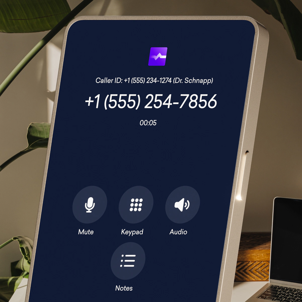 A smartphone screen displays an active call with Dr. Schnapp at +1 (555) 254-7856, showing call duration and options for mute, keypad, audio, notes—ideal for discussing medical case studies in real time.