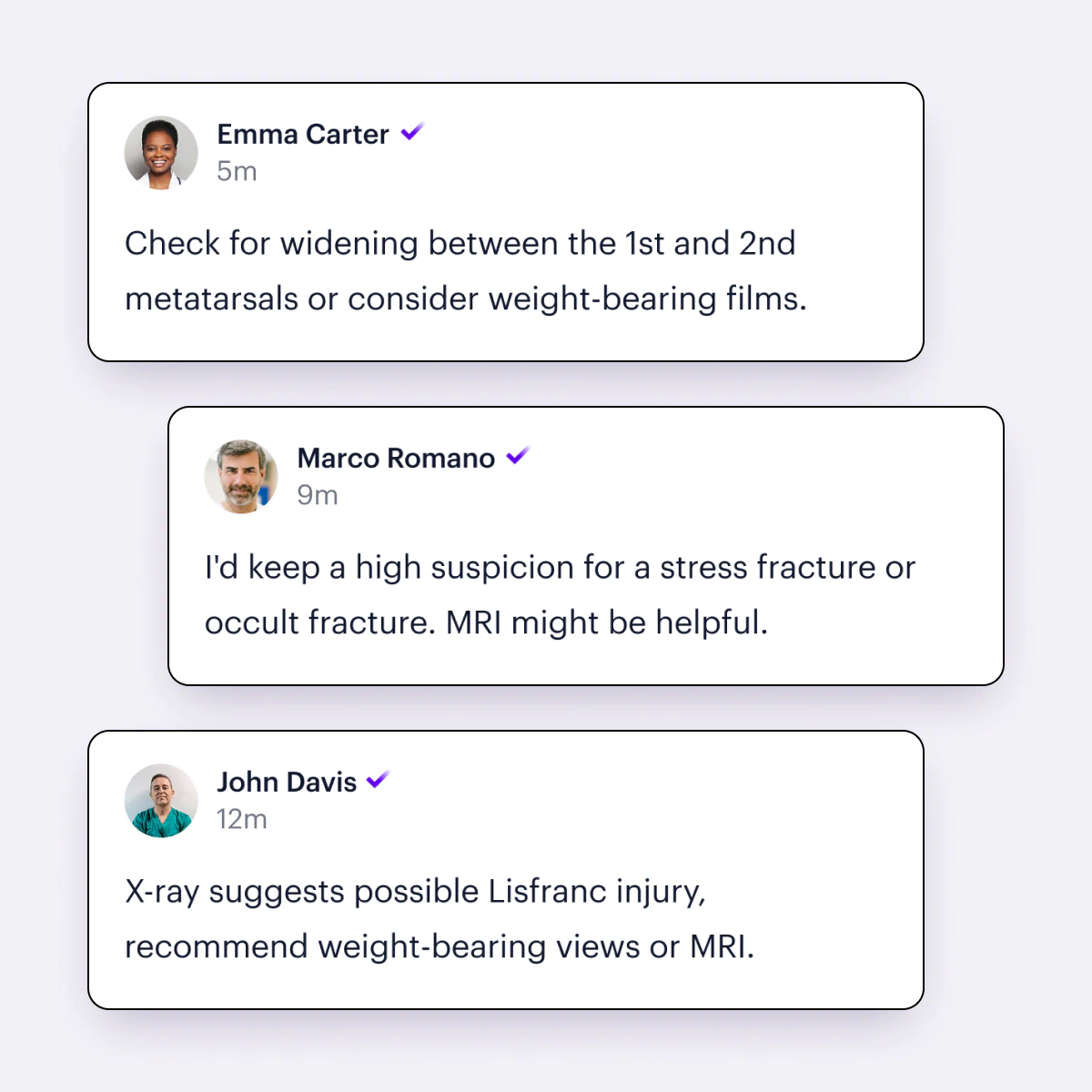 Three chat messages discuss diagnostic imaging for foot injuries, focusing on widening between metatarsals, suspicion of fractures, and possible Lisfranc injury. They aim to solve these issues with MRI suggestions.