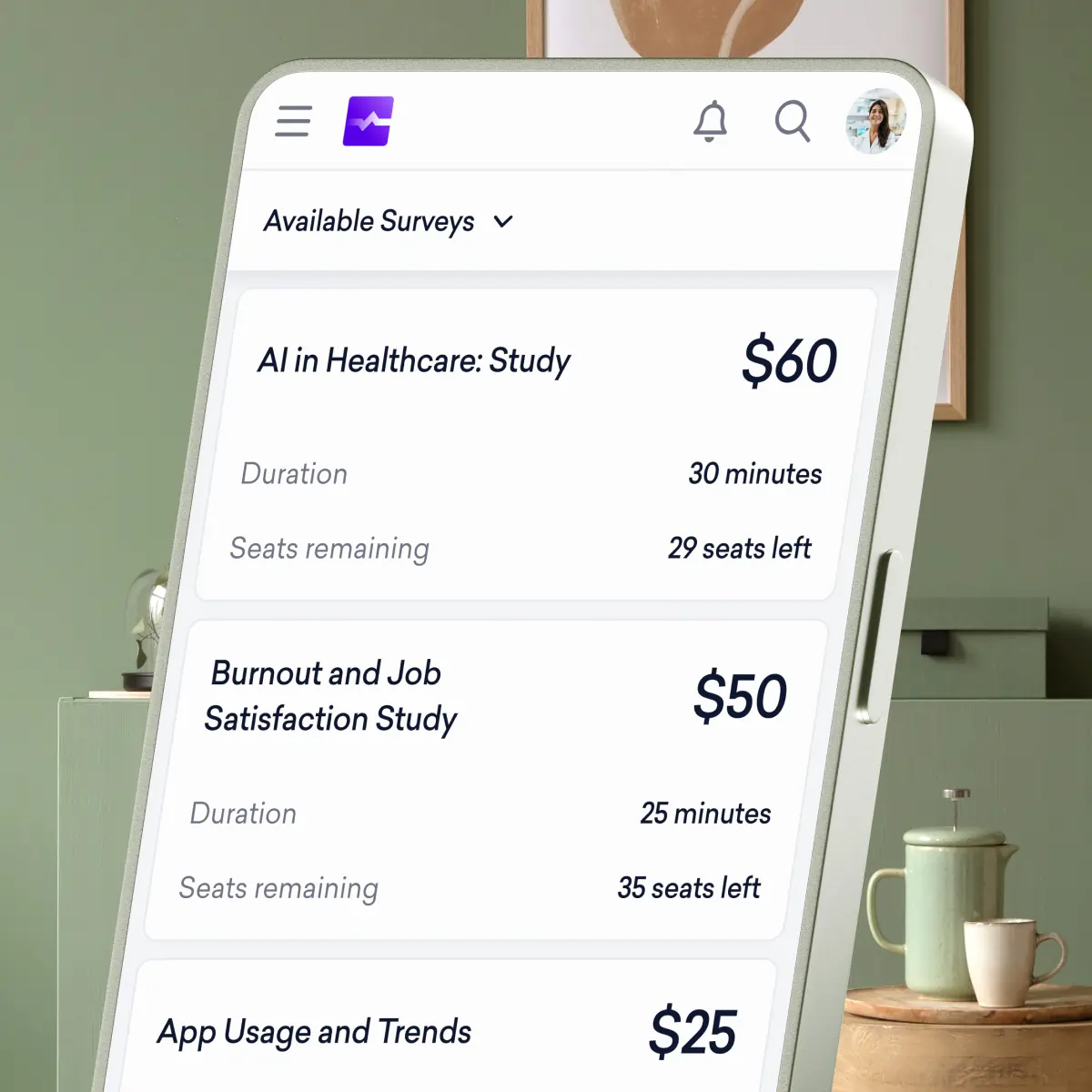 A smartphone screen shows a survey app listing studies with their titles, payouts, durations, and seats remaining; the top study pays $60 for 30 minutes and is open to immunologists.