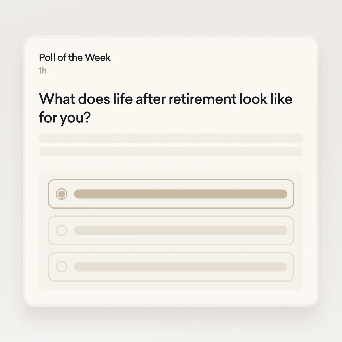 A digital poll asks, "What does life after retirement look like for you?" with three blank multiple-choice options below.